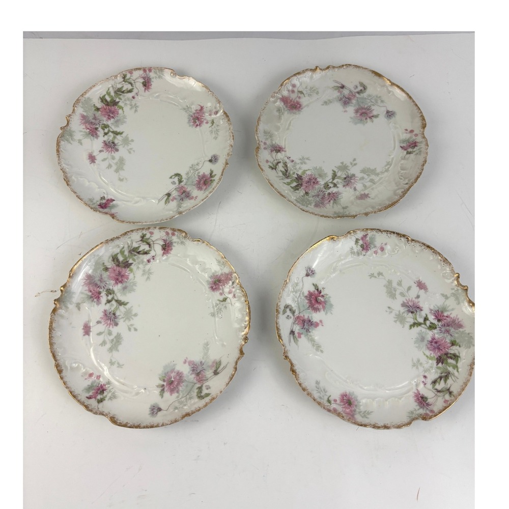 Antique Bernardaud Raynaud Limoges‎ France Floral Gold Scalloped Plates Set of 4